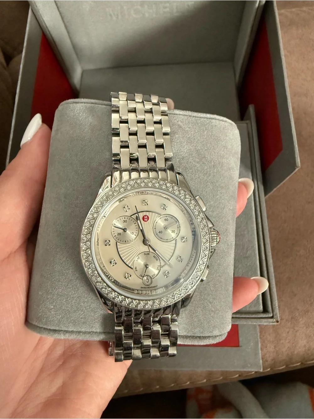 Michele Silver Diamond-Accent Chronograph Watch with Mother-of-Pearl Dial